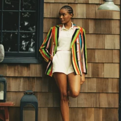 Women's Croquet Stripe Double-Breasted Diana Blazer 20 Women's Croquet Stripe Double-Breasted Diana Blazer -Modern Outfit Shop 0