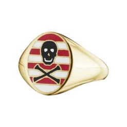 Jessica Biales Red & White Enamel Skull & Crossbones Signet Ring